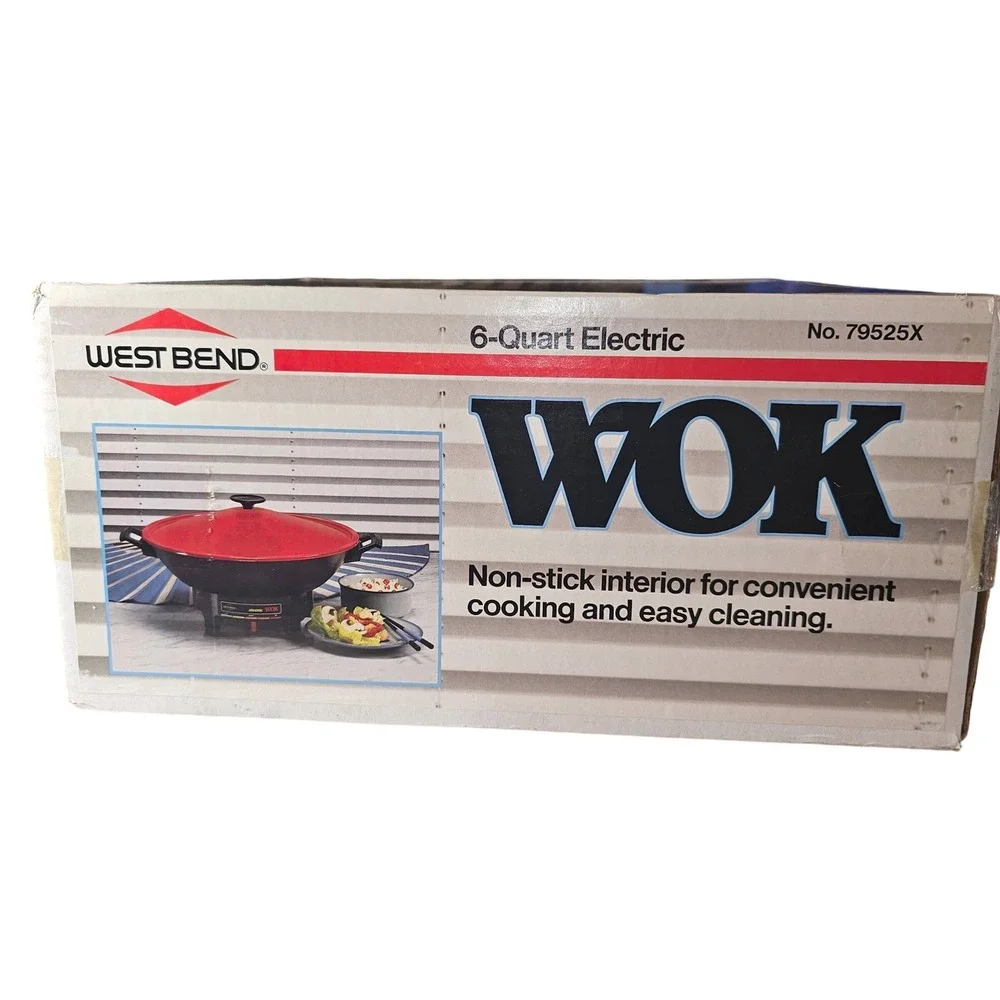 West Bend 6 Quart Electric Wok 79525X 90s Red Lid Non-Stick Fry Pan Vintage USA
